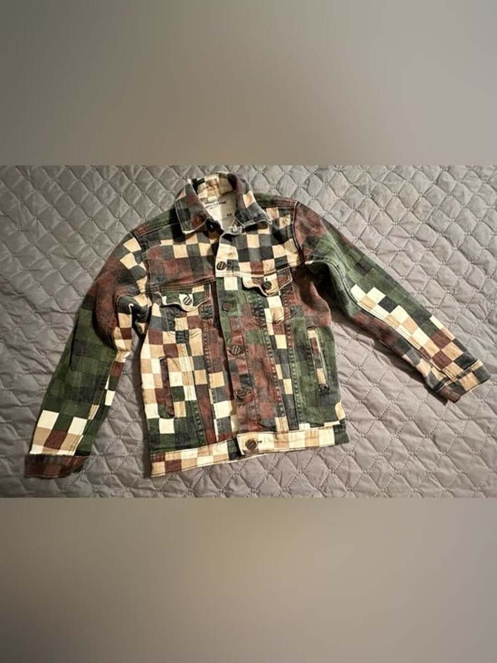 Boys Patchwork Check Trucker Denim Jacket - Green/Brown/Tan Size S(8)